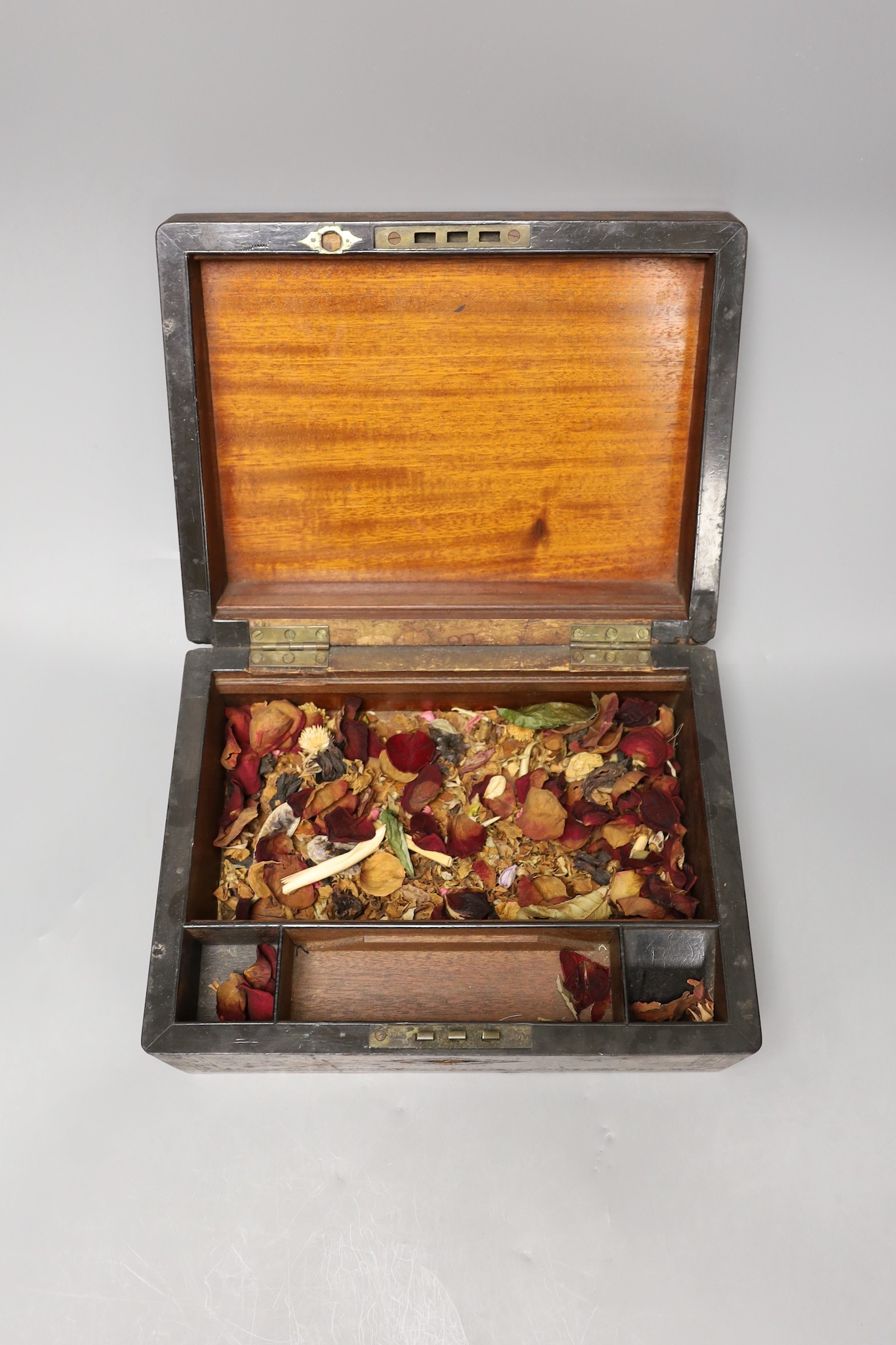 Two 19th century inlaid walnut boxes and a painted mahogany box, The largest 30 cm wide